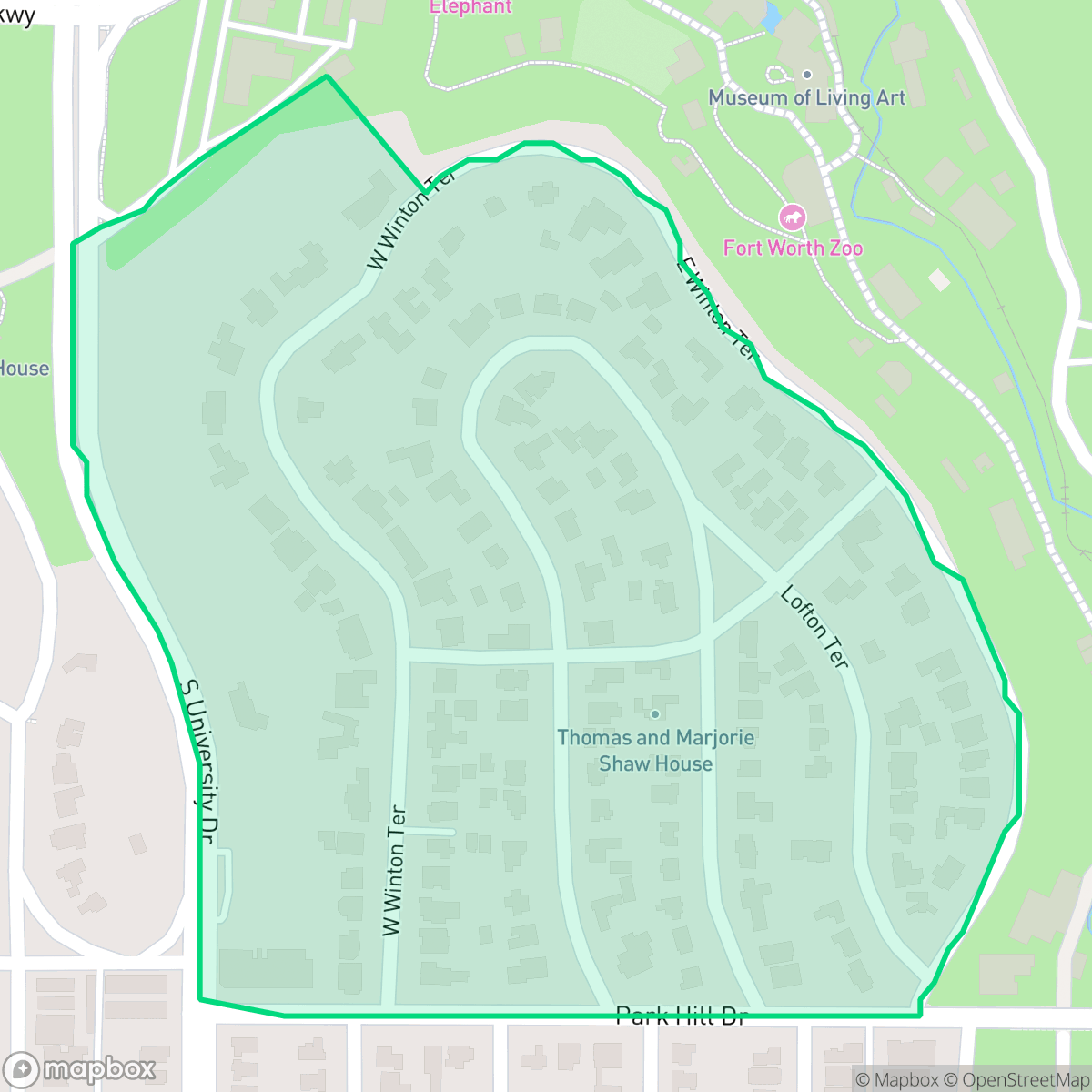 Map showing the location of Park Hill, Fort Worth, TX