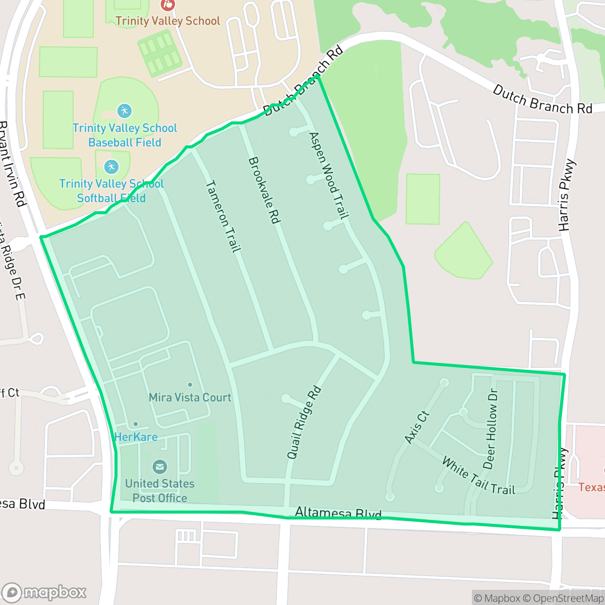 Map showing the location of Quail Ridge, Fort Worth, TX