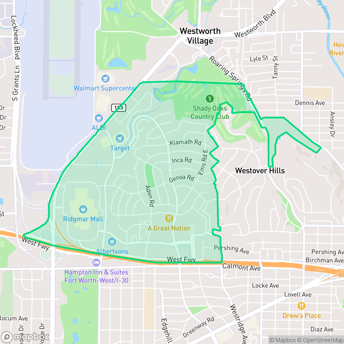 Map showing the location of Ridgmar, Fort Worth, TX