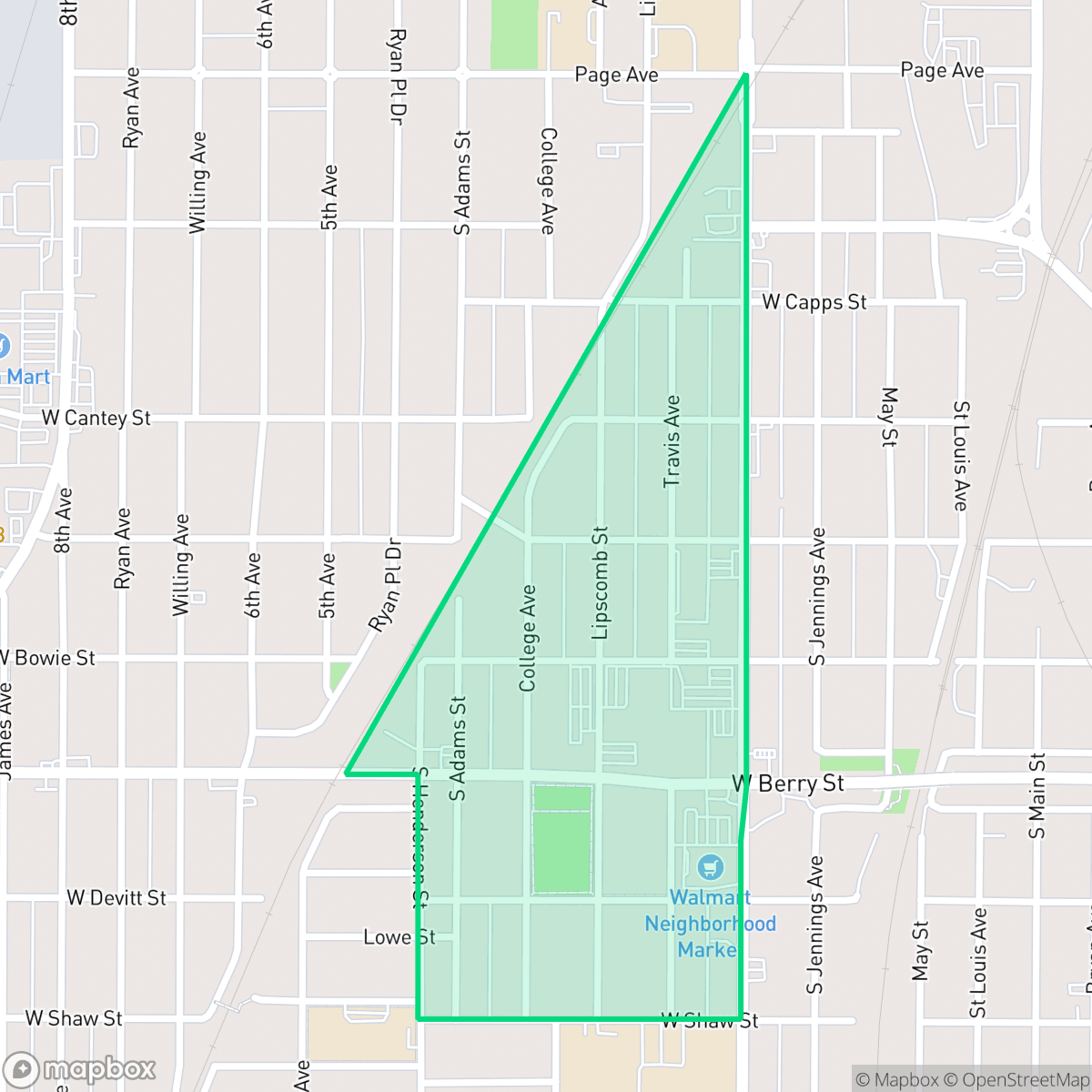 Map showing the location of South Hemphill Heights, Fort Worth, TX