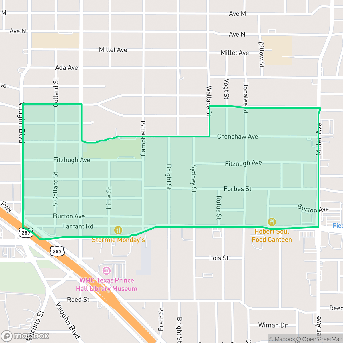Map showing the location of South Poly, Fort Worth, TX