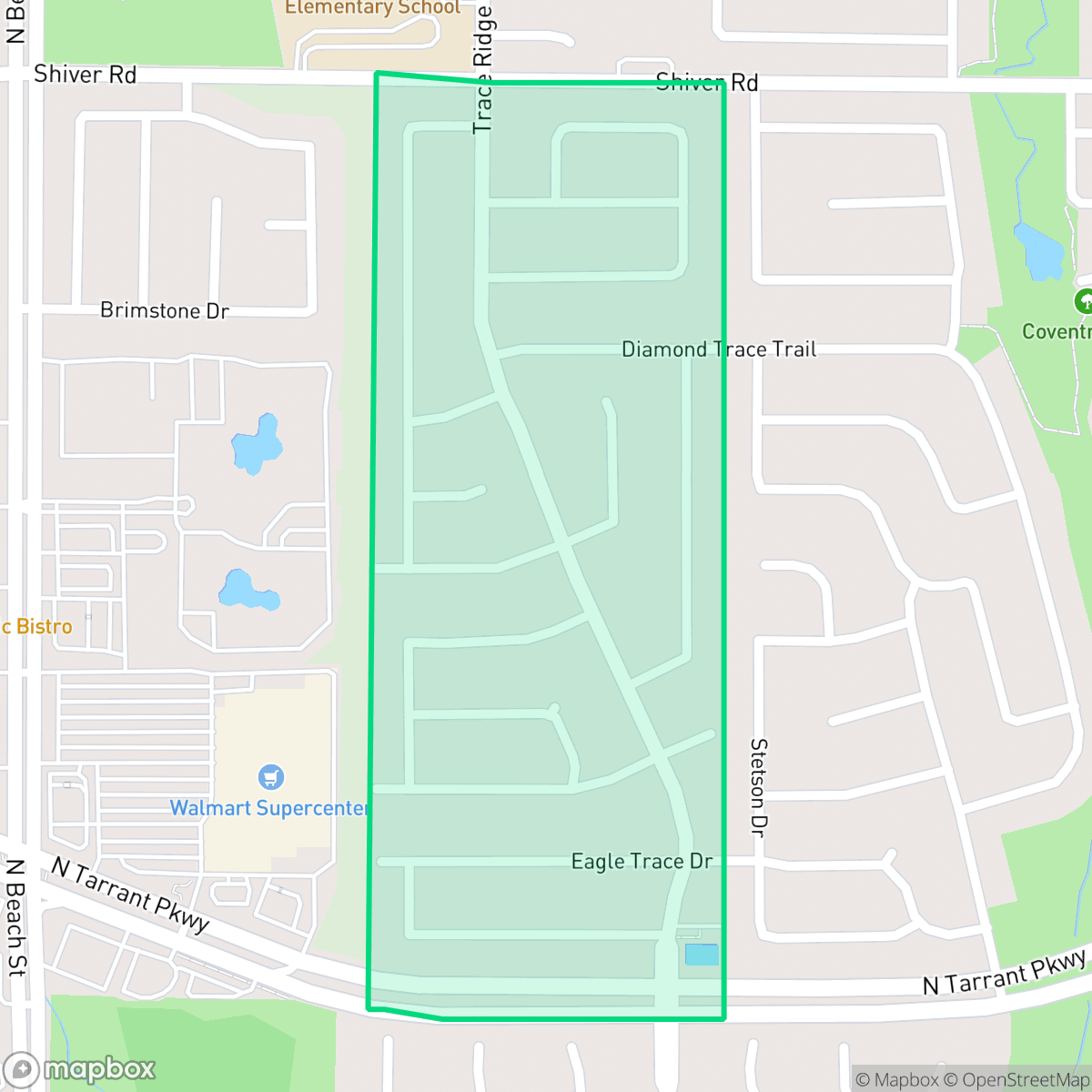 Map showing the location of Trace Ridge, Fort Worth, TX