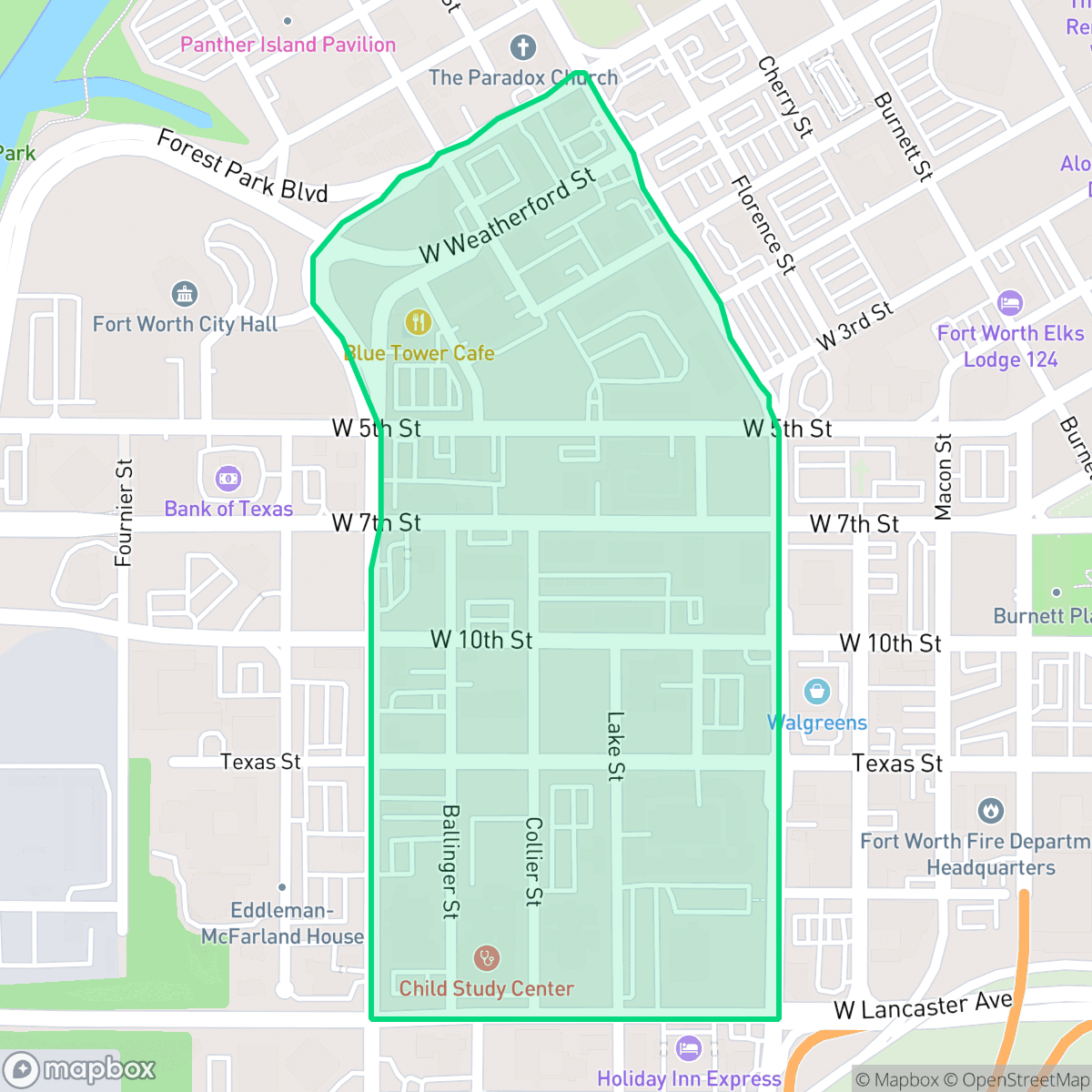 Map showing the location of Upper West Side, Fort Worth, TX