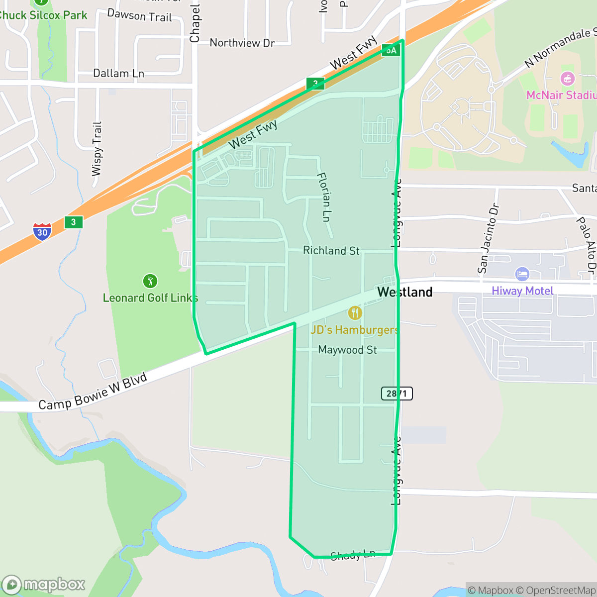 Map showing the location of Westland, Fort Worth, TX
