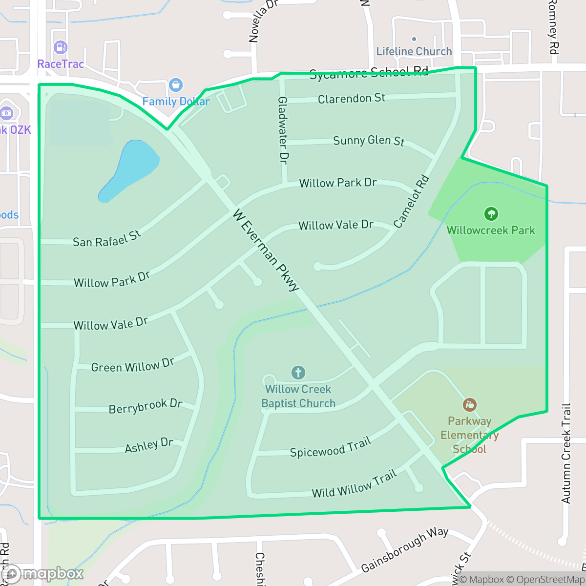 Map showing the location of Willow Creek, Fort Worth, TX