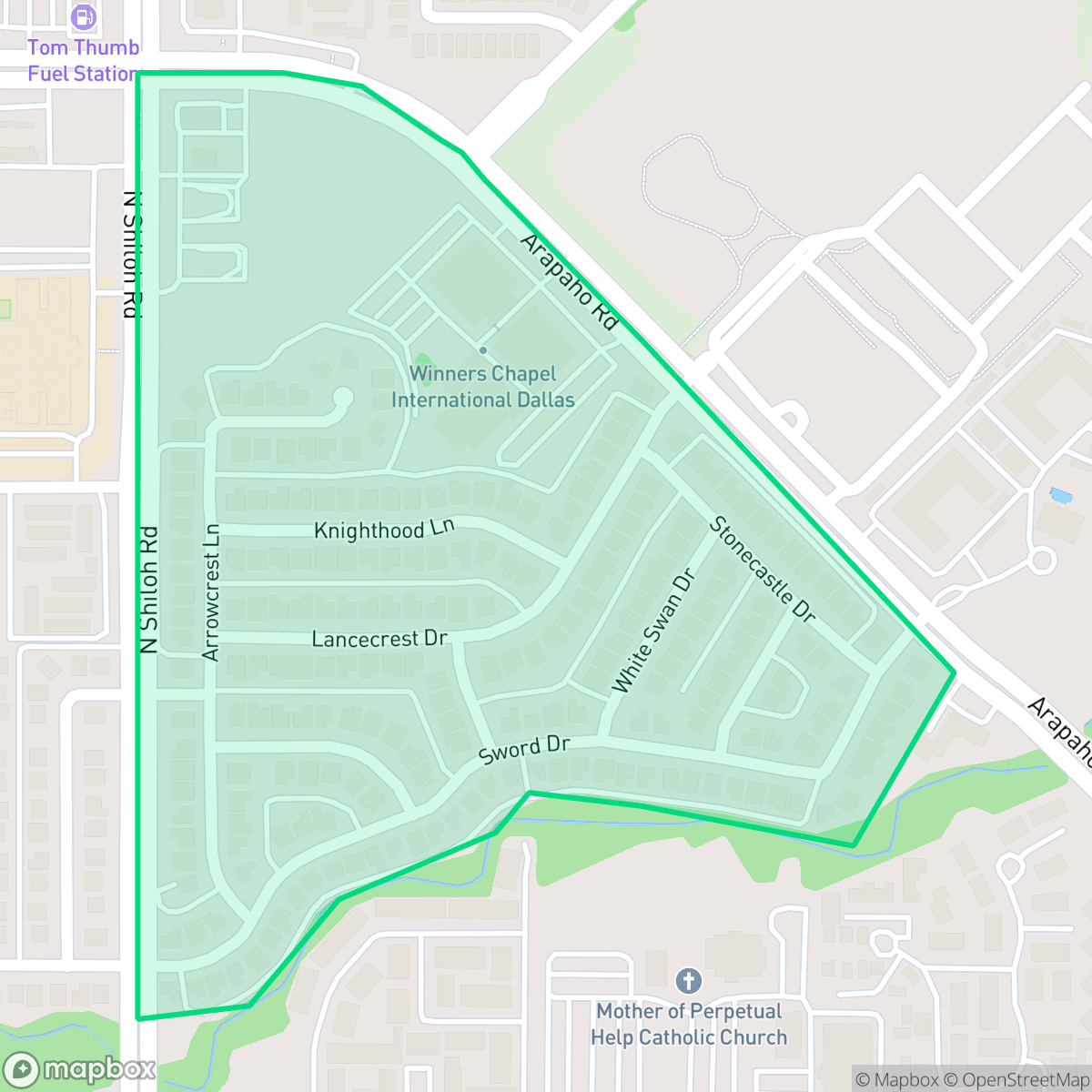 Map showing the location of Camelot Community, Garland, TX