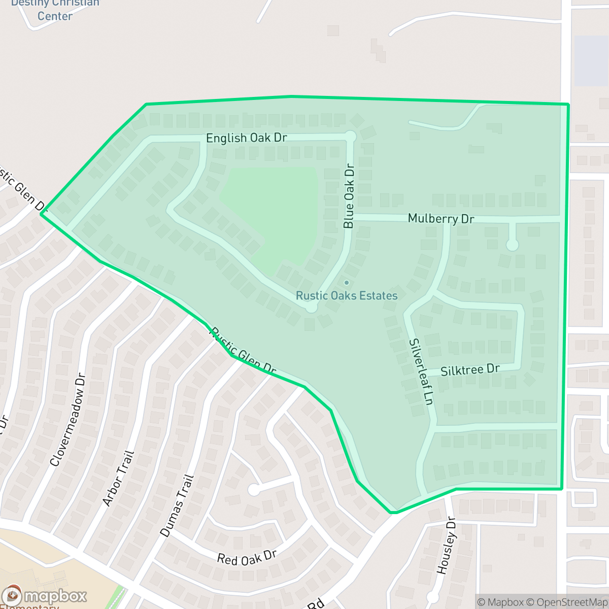 Map showing the location of Rustic Oaks, Garland, TX