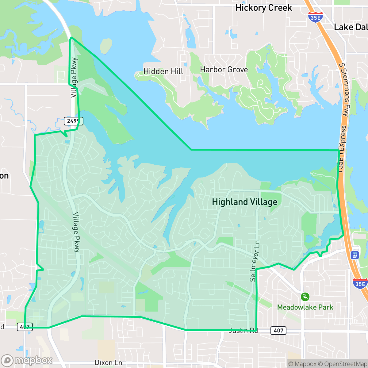 Map showing the location of Highland Village, TX — coverage area