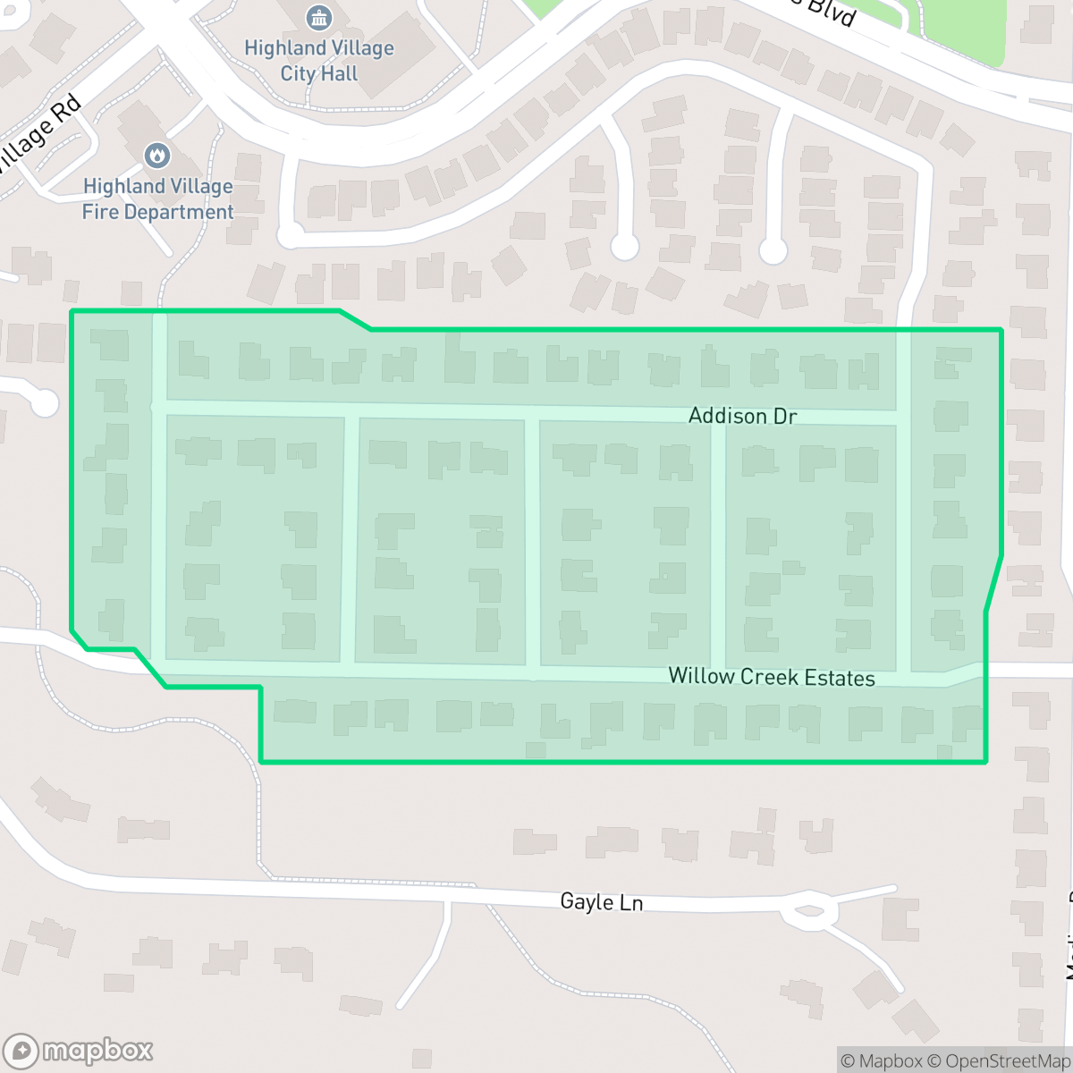 Map showing the location of Willow Creek Estates, Highland Village, TX