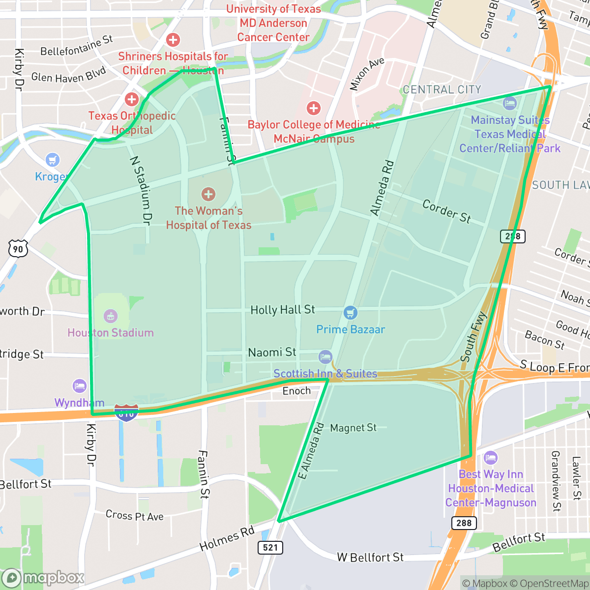 Map showing the location of Astrodome Area, Houston, TX