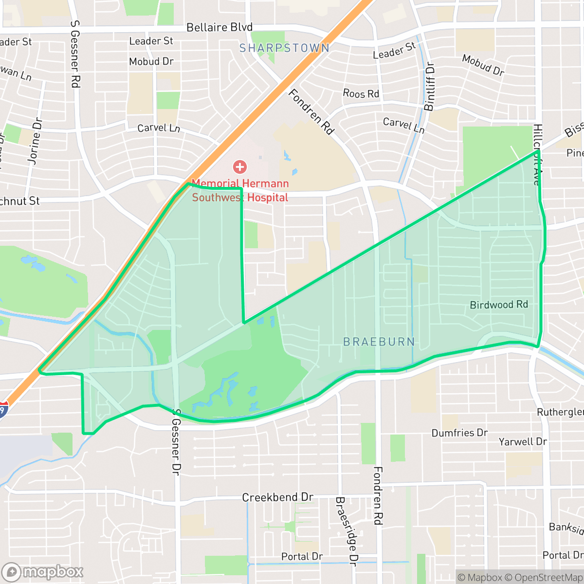 Map showing the location of Braeburn, Houston, TX