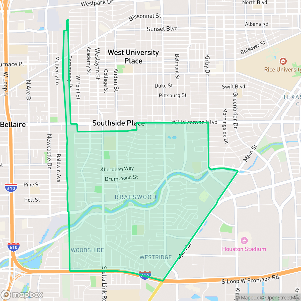 Map showing the location of Braeswood Place, Houston, TX