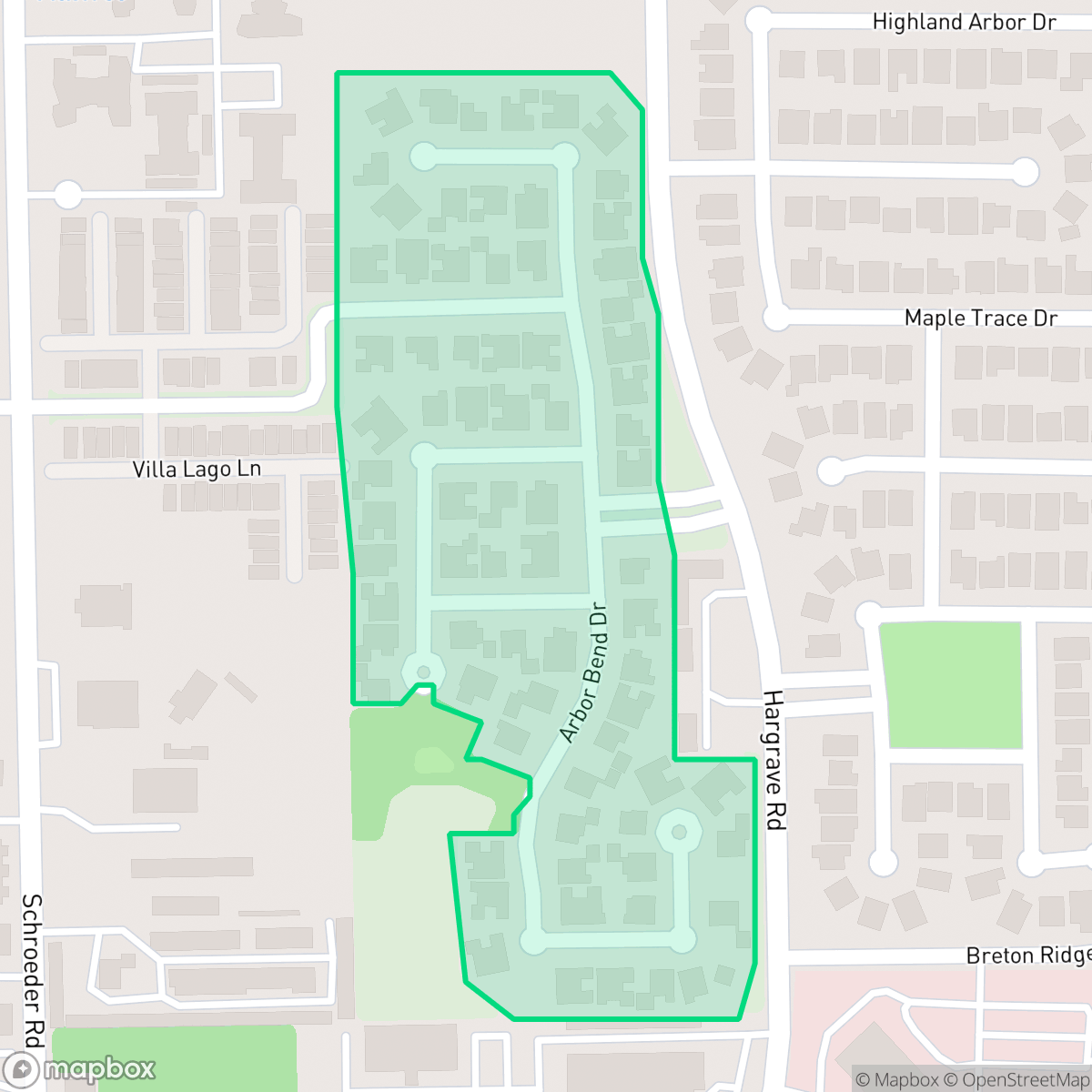Map showing the location of Champions Arbor, Houston, TX