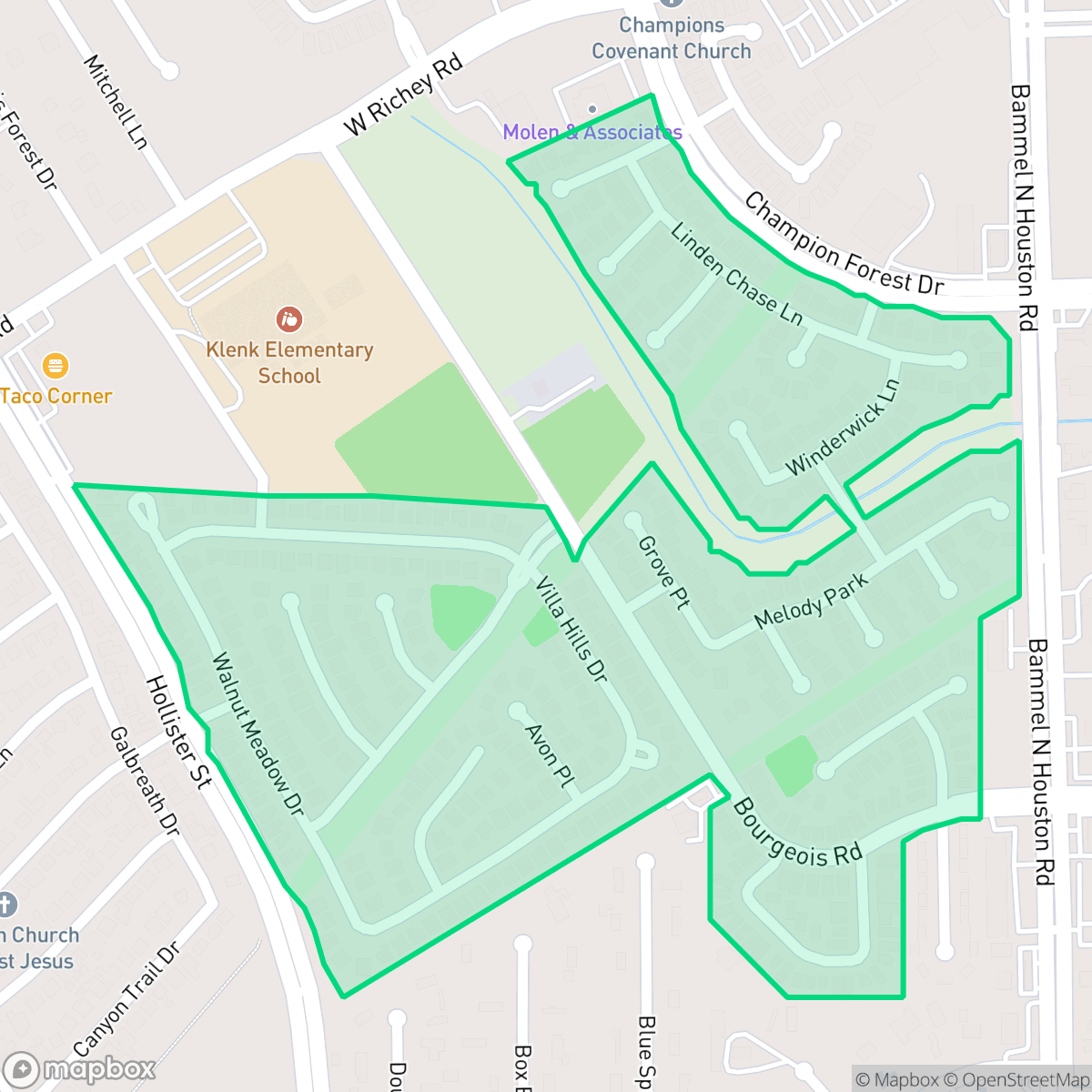 Map showing the location of Champions Point Village, Houston, TX