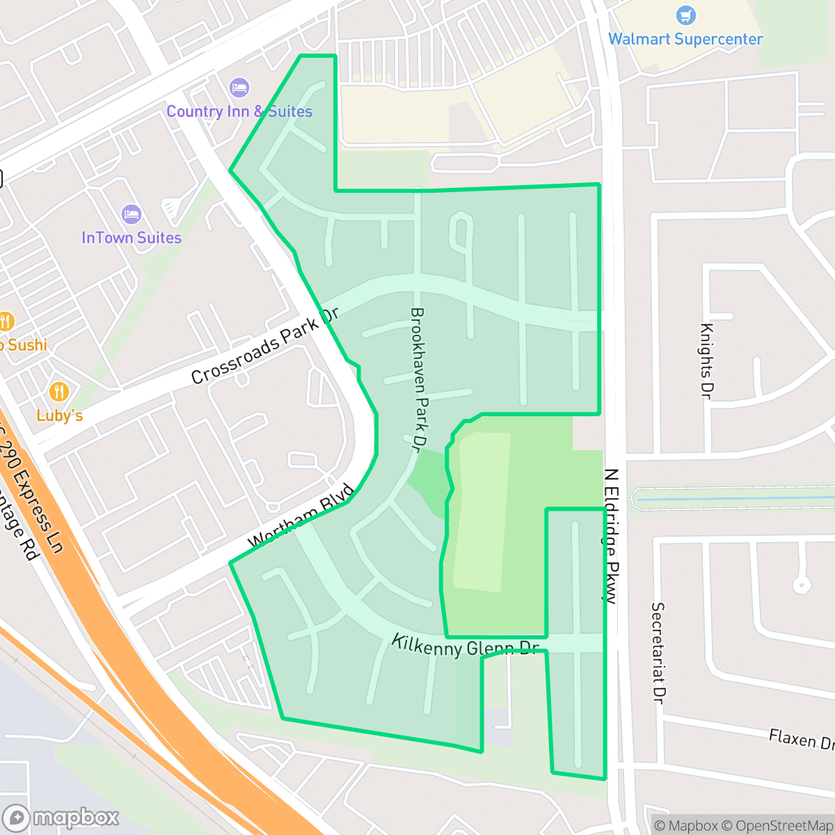 Map showing the location of Crossroads Park, Houston, TX