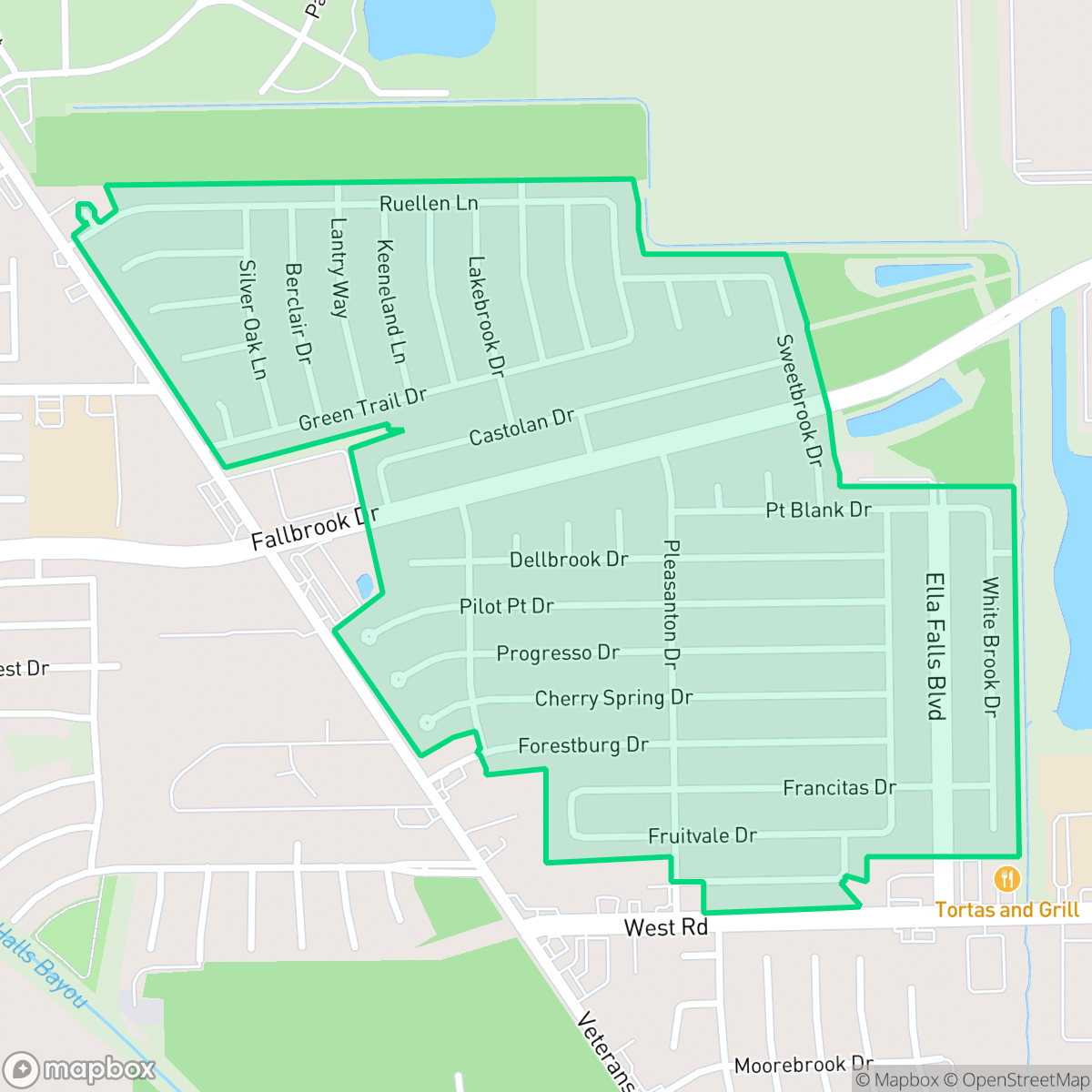 Map showing the location of Fallbrook, Houston, TX