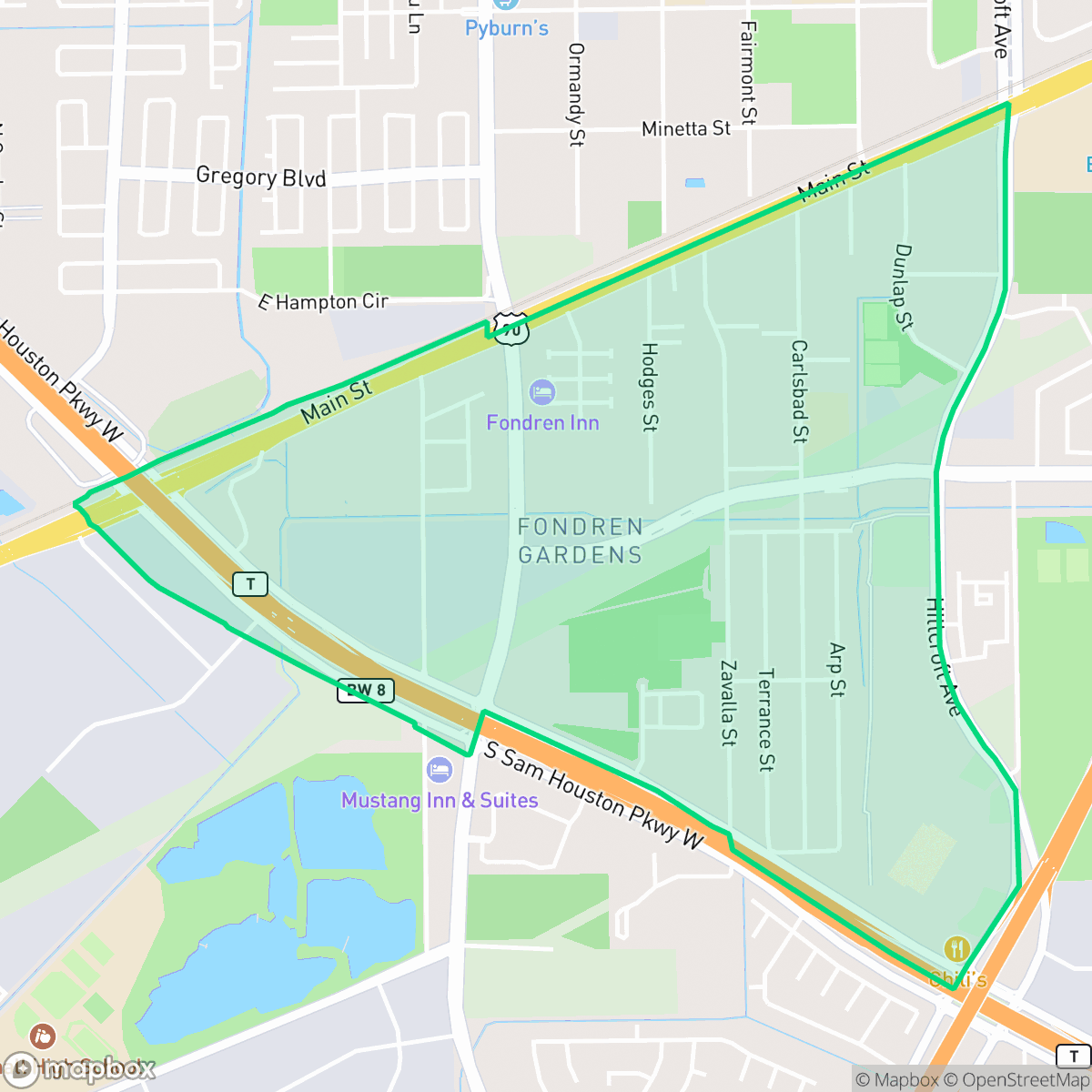 Map showing the location of Fondren Gardens, Houston, TX