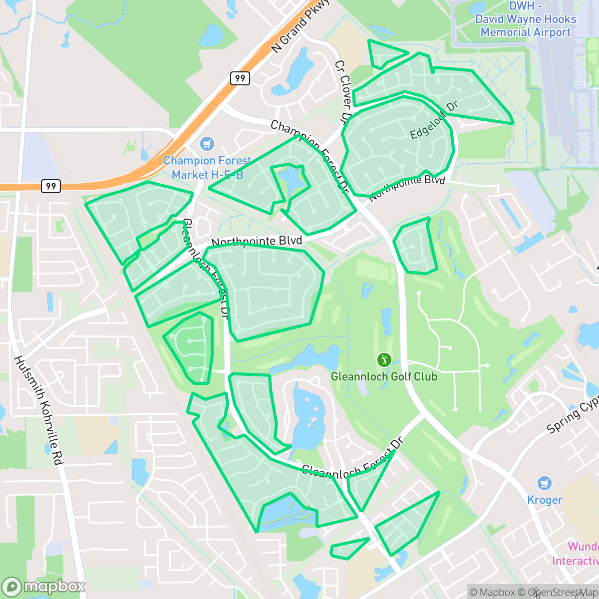 Map showing the location of Gleannloch Farms, Houston, TX