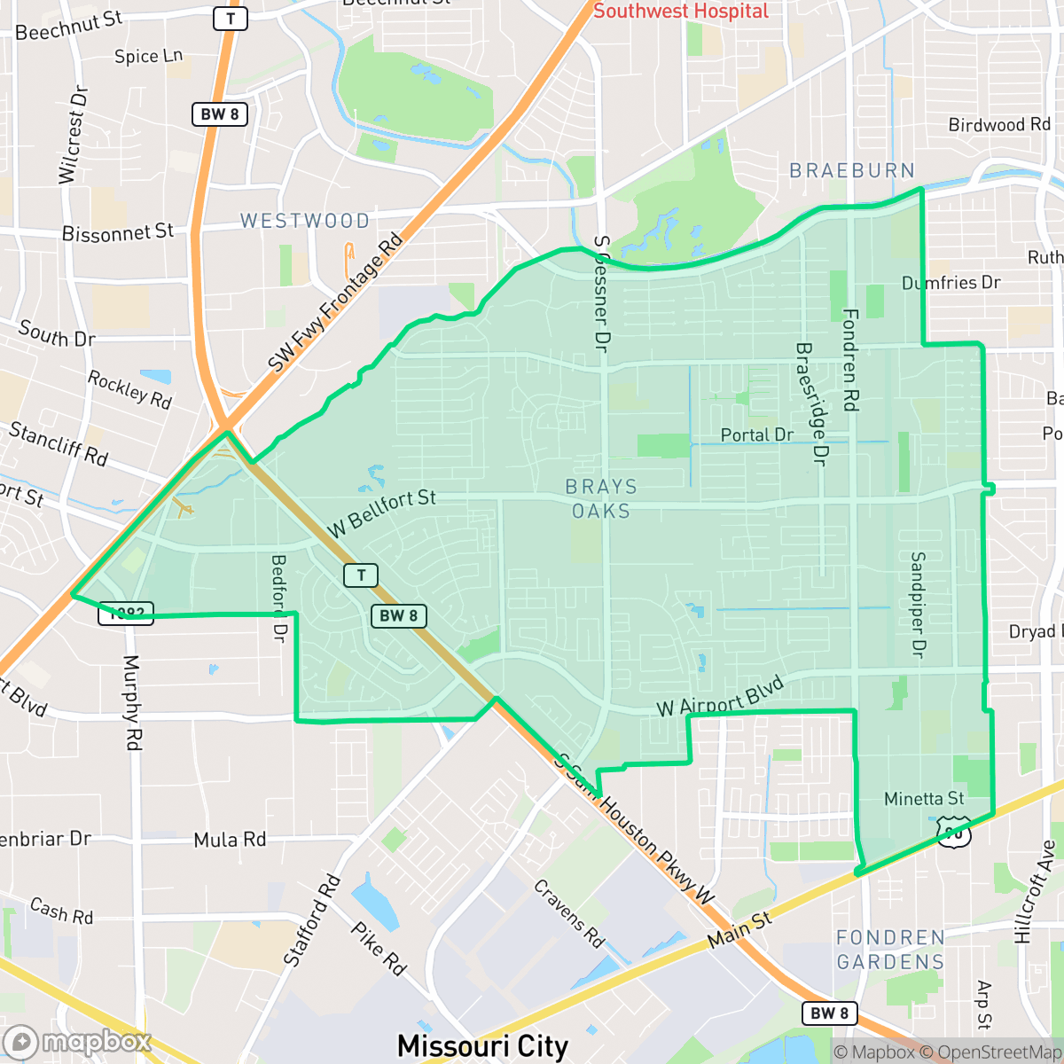 Map showing the location of Greater Fondren Southwest, Houston, TX