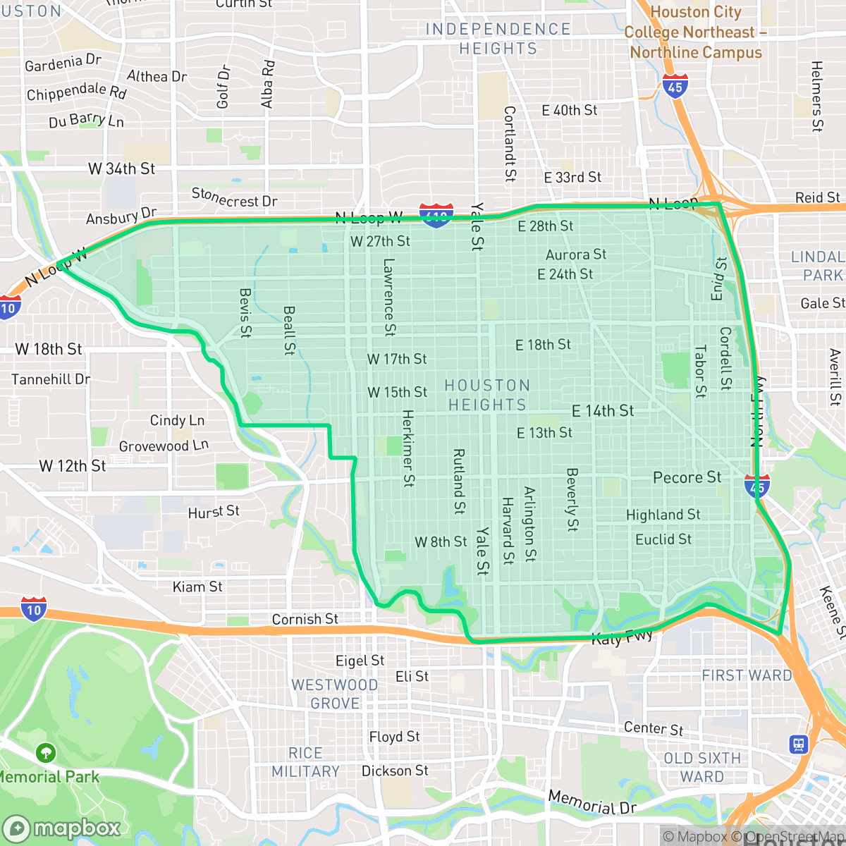 Map showing the location of Greater Heights, Houston, TX