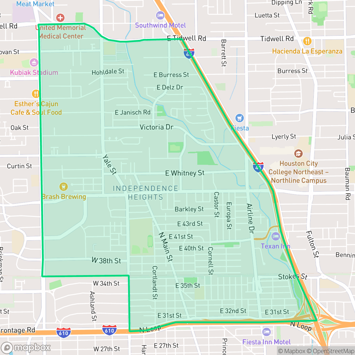 Map showing the location of Independence Heights, Houston, TX