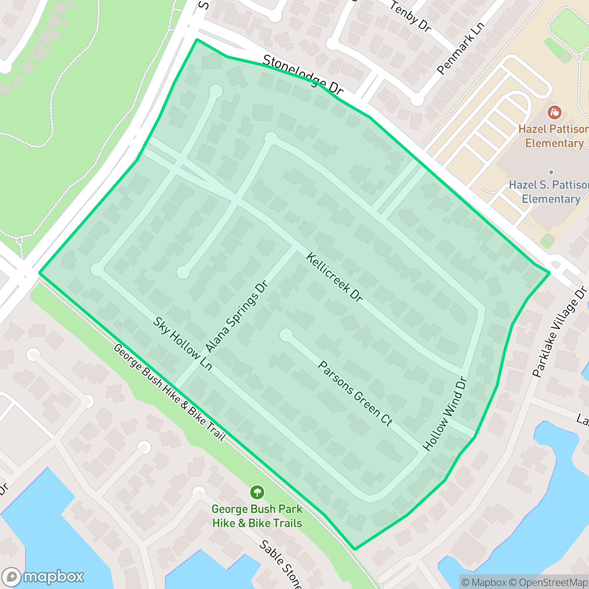 Map showing the location of Kelliwood Estates, Houston, TX