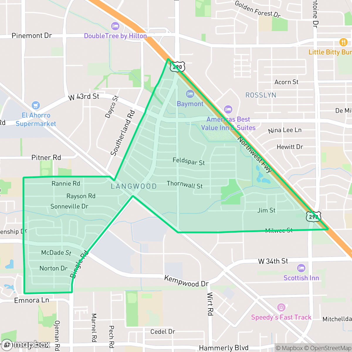 Map showing the location of Langwood, Houston, TX