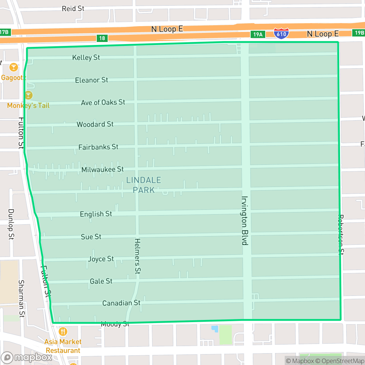 Map showing the location of Lindale Park, Houston, TX