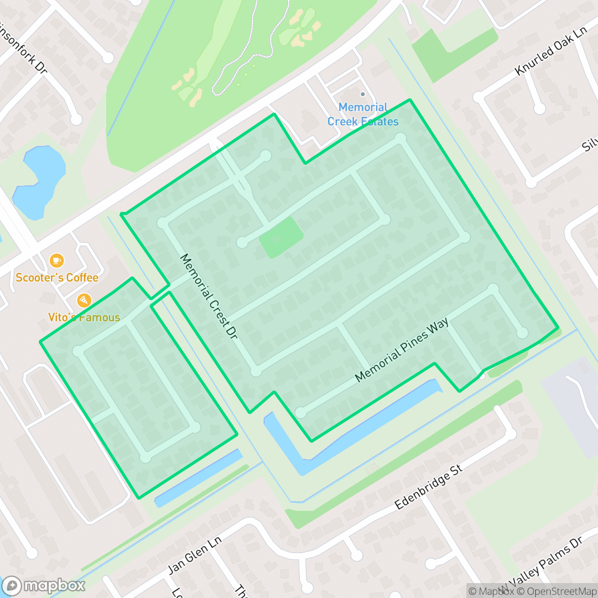 Map showing the location of Memorial Creek Estates, Houston, TX