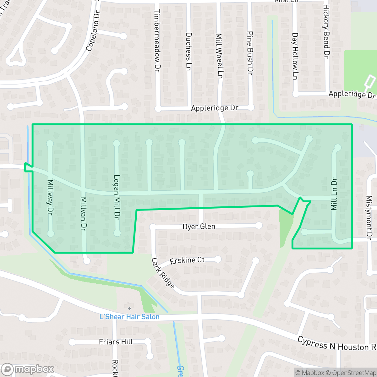 Map showing the location of Mill Ridge Estates, Houston, TX