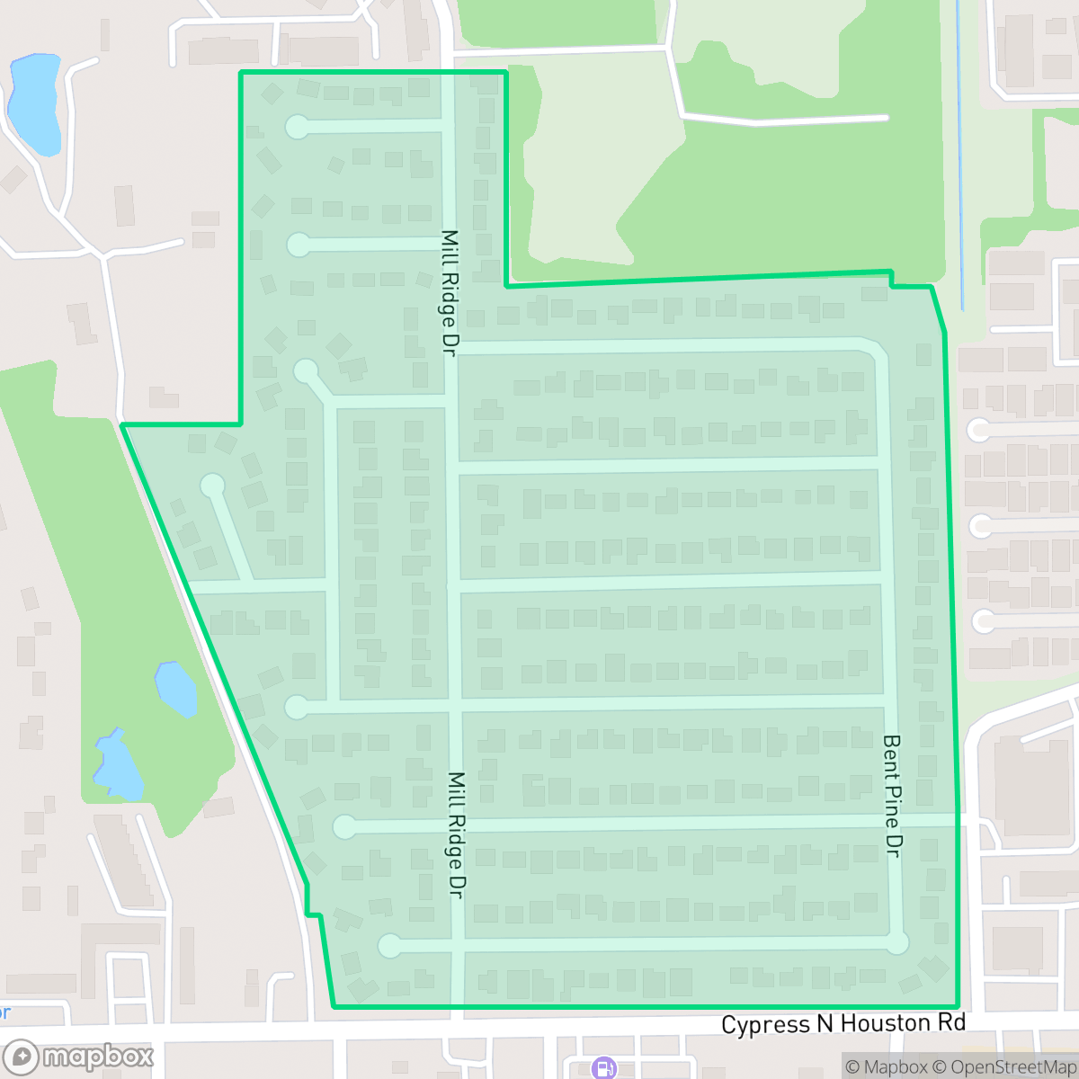 Map showing the location of Mill Ridge North, Houston, TX