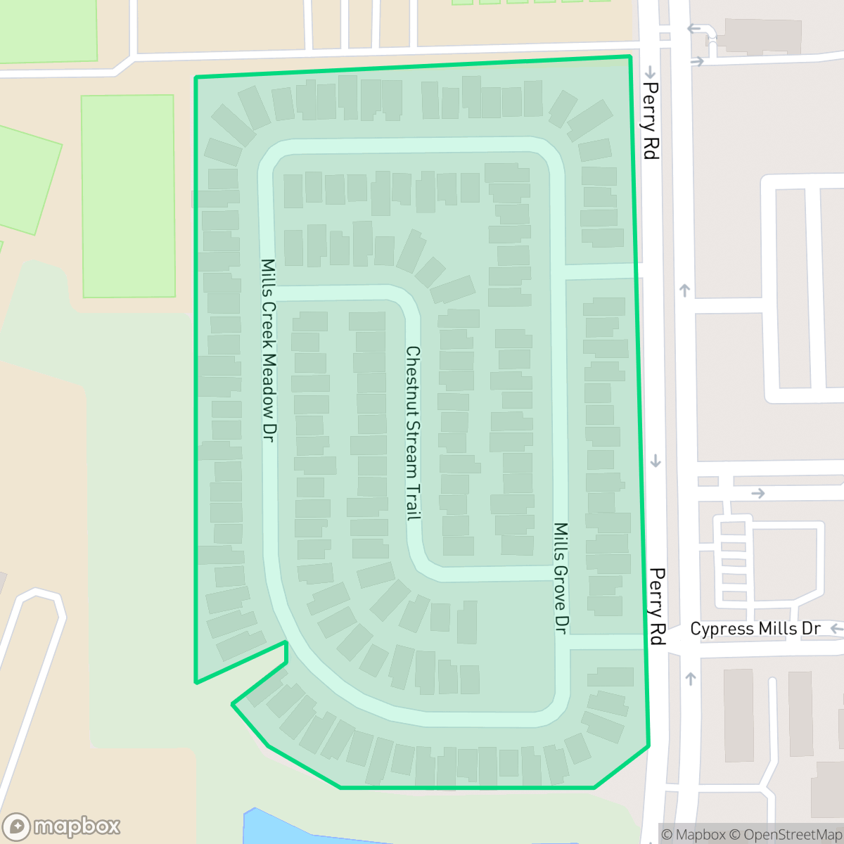 Map showing the location of Mills Creek Crossing, Houston, TX