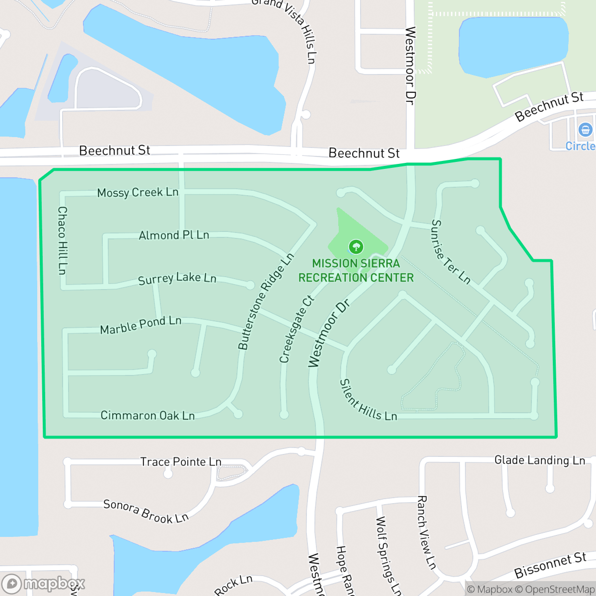 Map showing the location of Misson Sierra, Houston, TX
