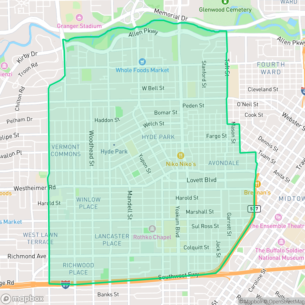 Map showing the location of Neartown - Montrose, Houston, TX