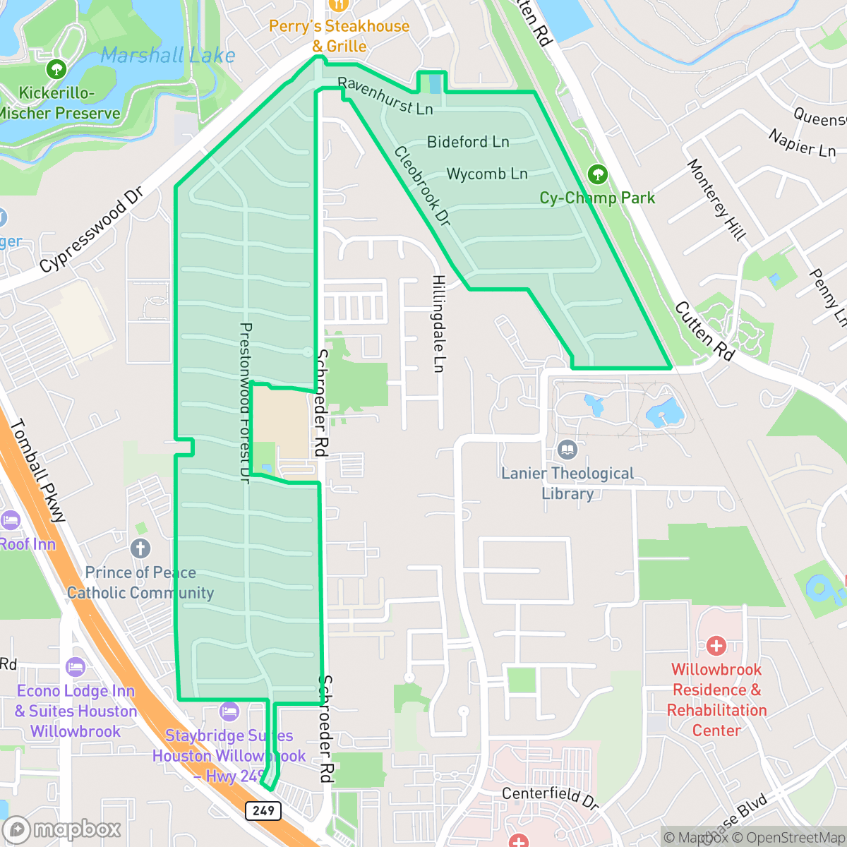 Map showing the location of Prestonwood Forest, Houston, TX