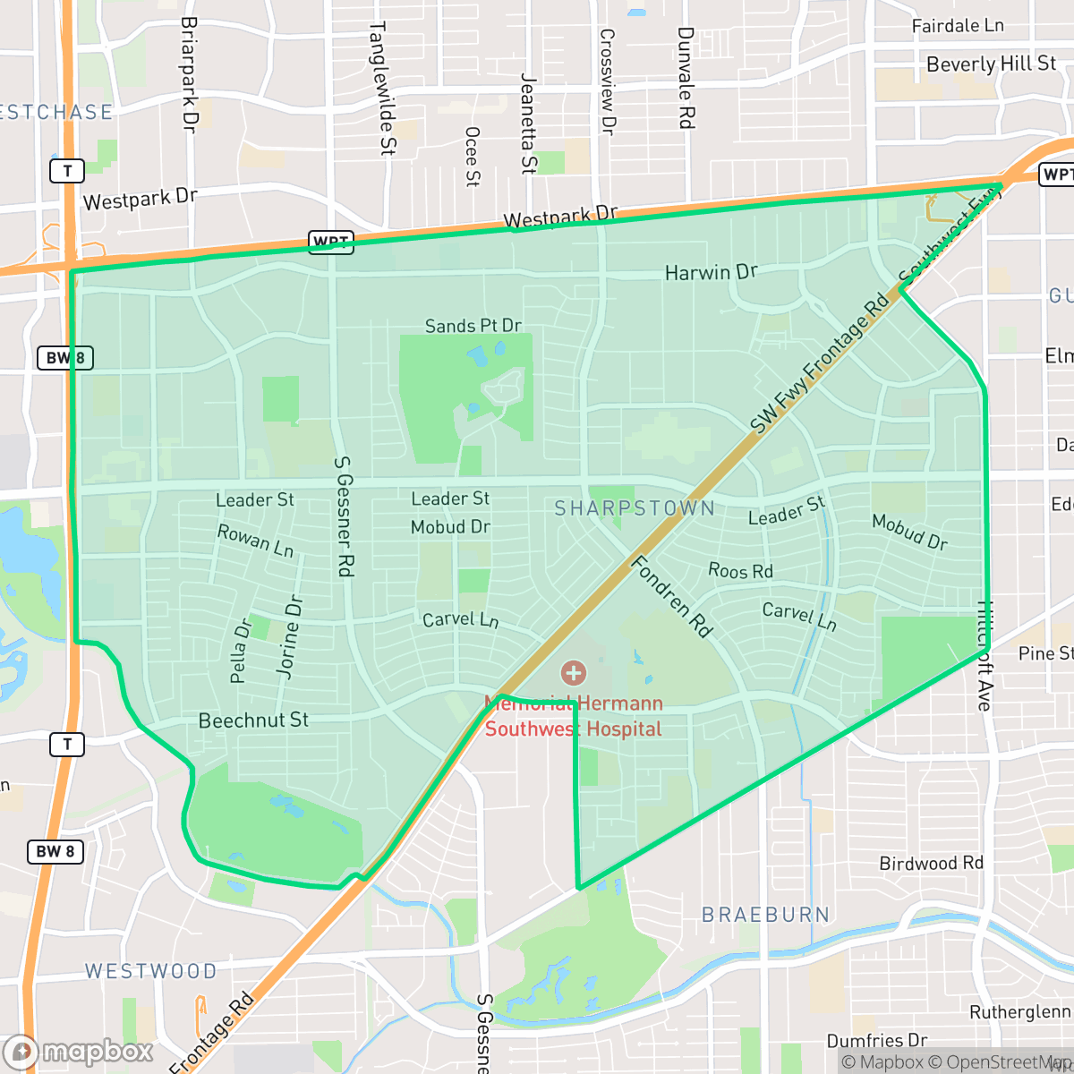 Map showing the location of Sharpstown, Houston, TX