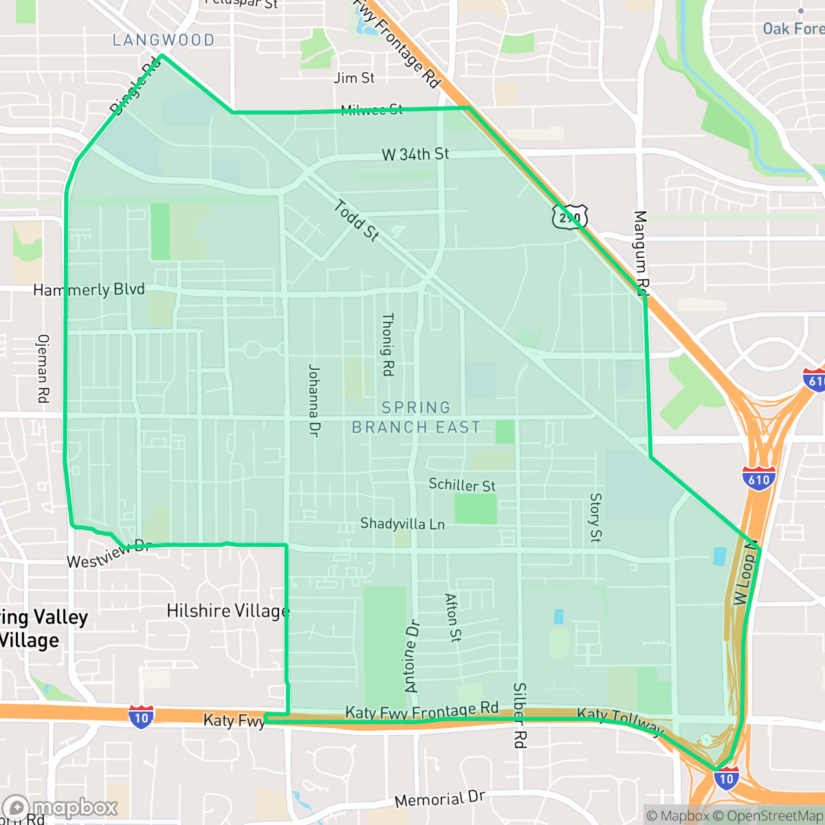 Map showing the location of Spring Branch East, Houston, TX