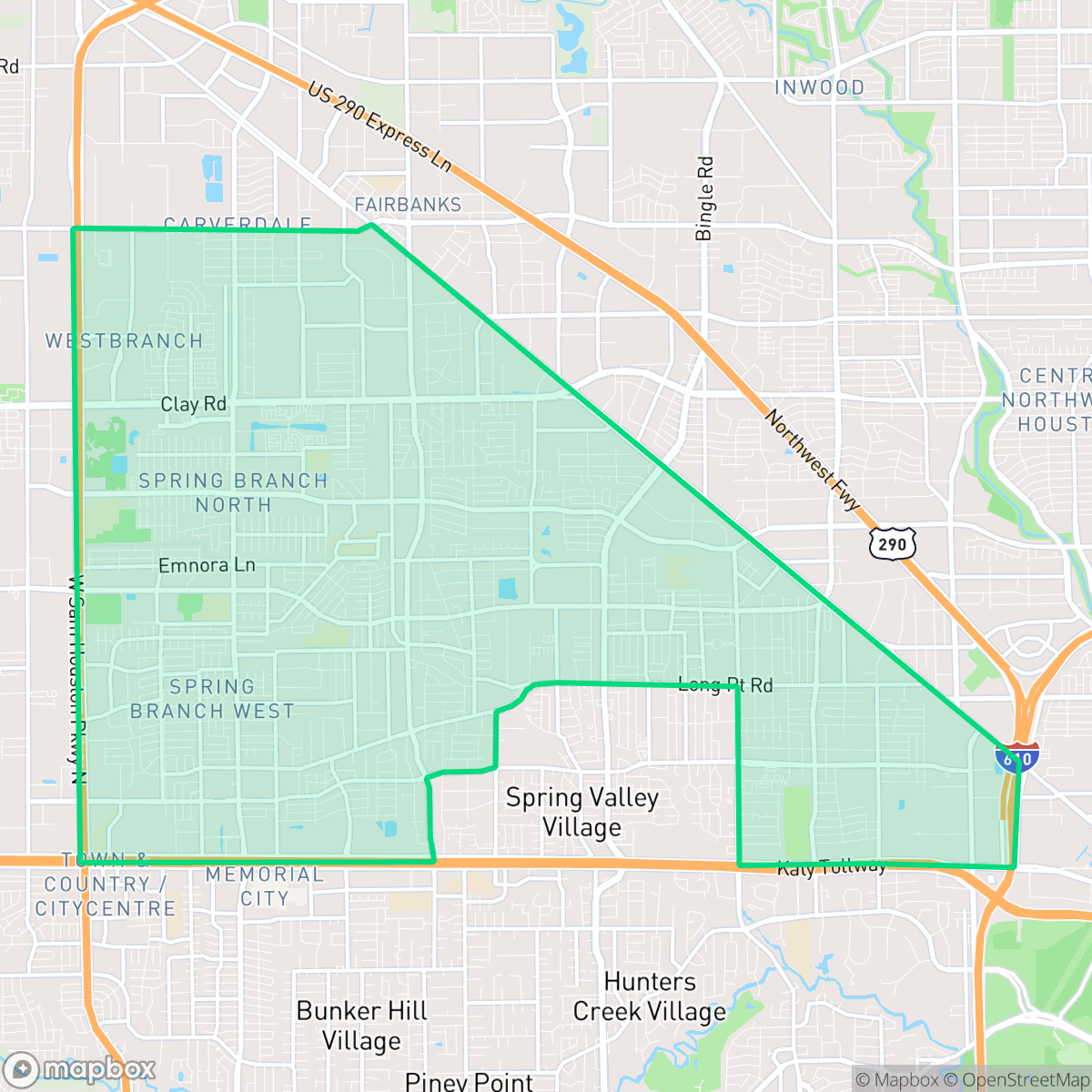 Map showing the location of Spring Branch, Houston, TX