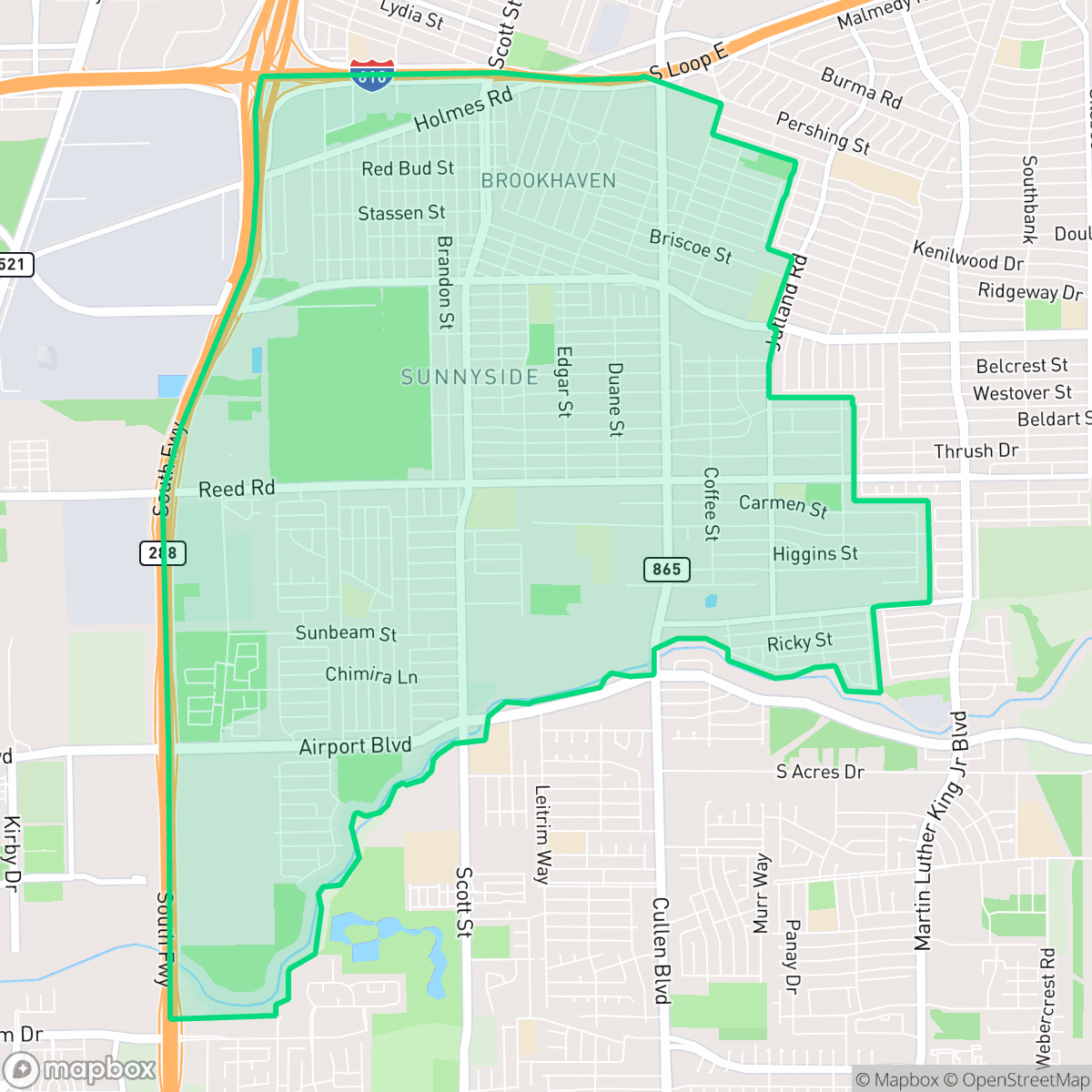Map showing the location of Sunnyside, Houston, TX
