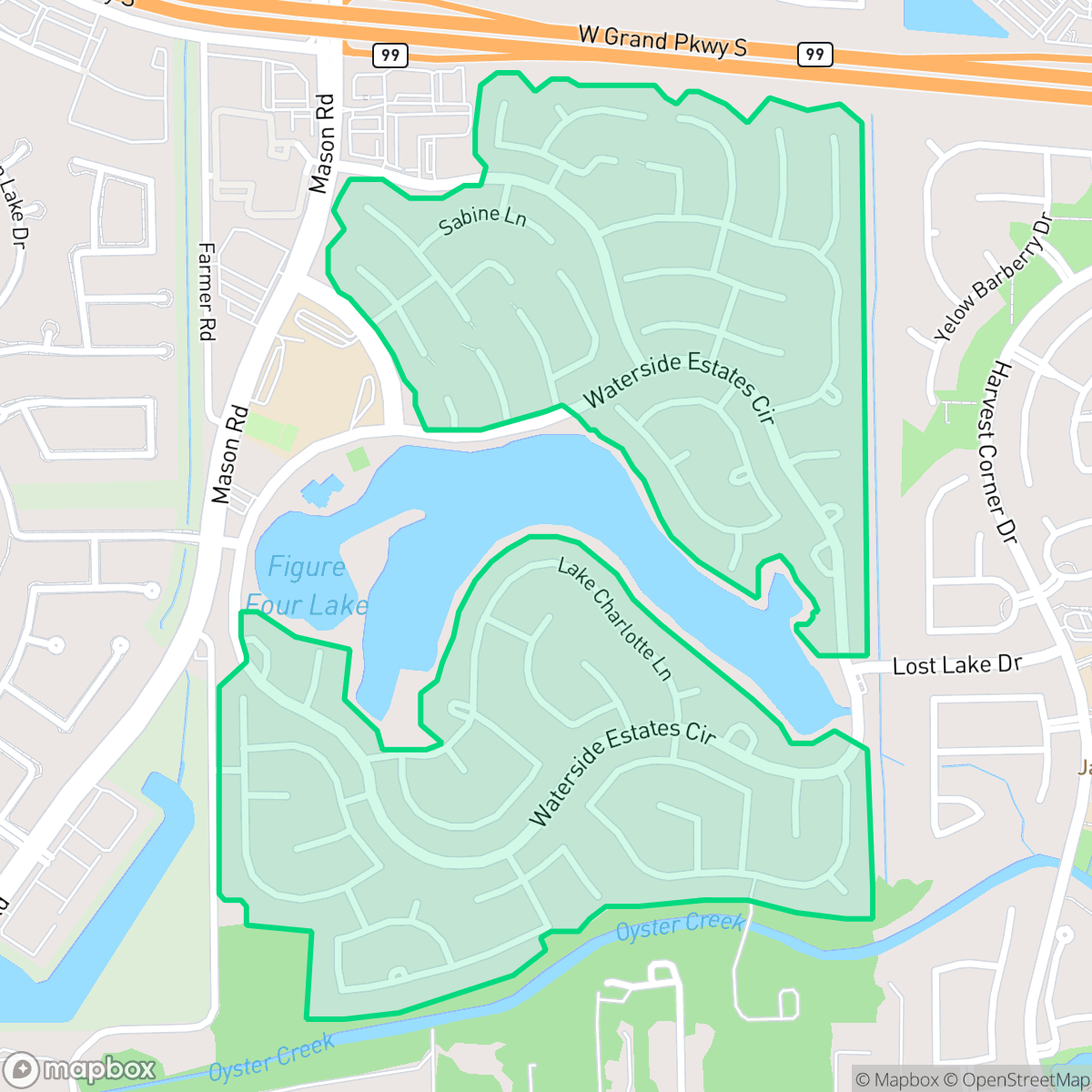 Map showing the location of Waterside Estates, Houston, TX