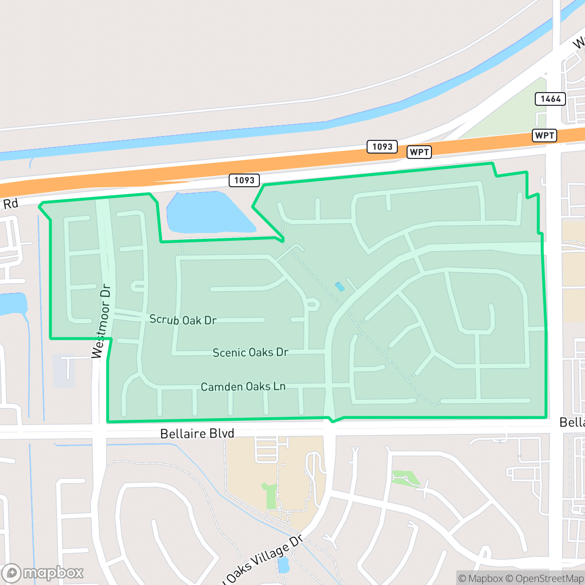 Map showing the location of West Oaks Village, Houston, TX