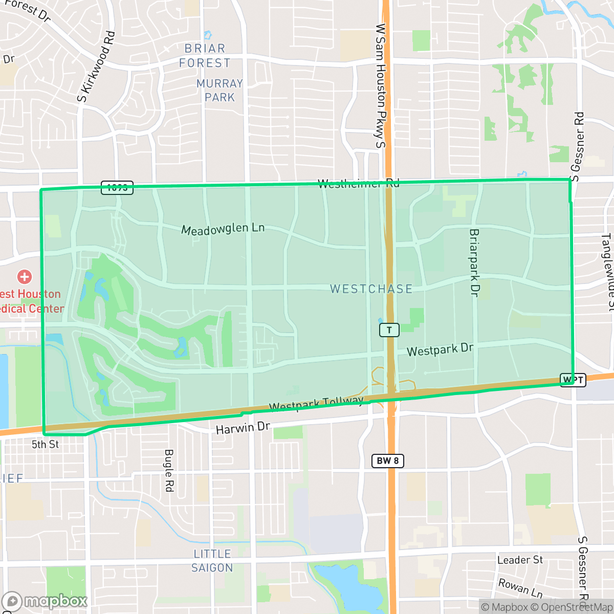 Map showing the location of Westchase, Houston, TX