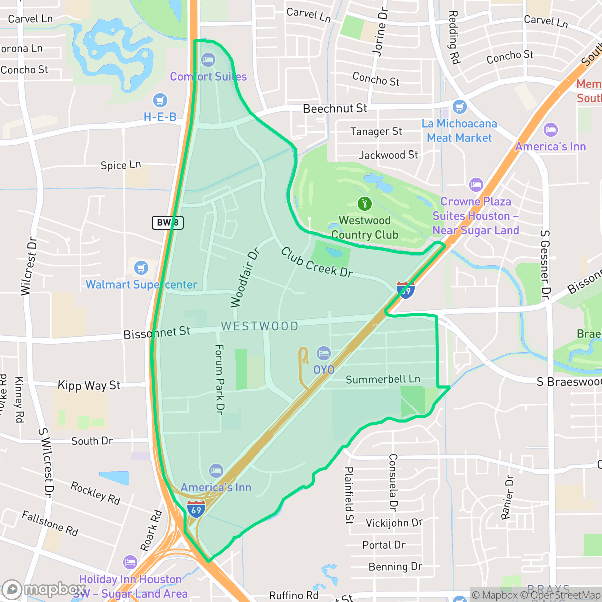 Map showing the location of Westwood, Houston, TX