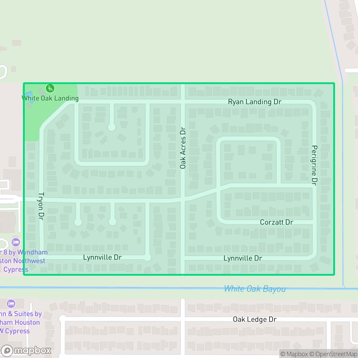 Map showing the location of White Oak Landing, Houston, TX