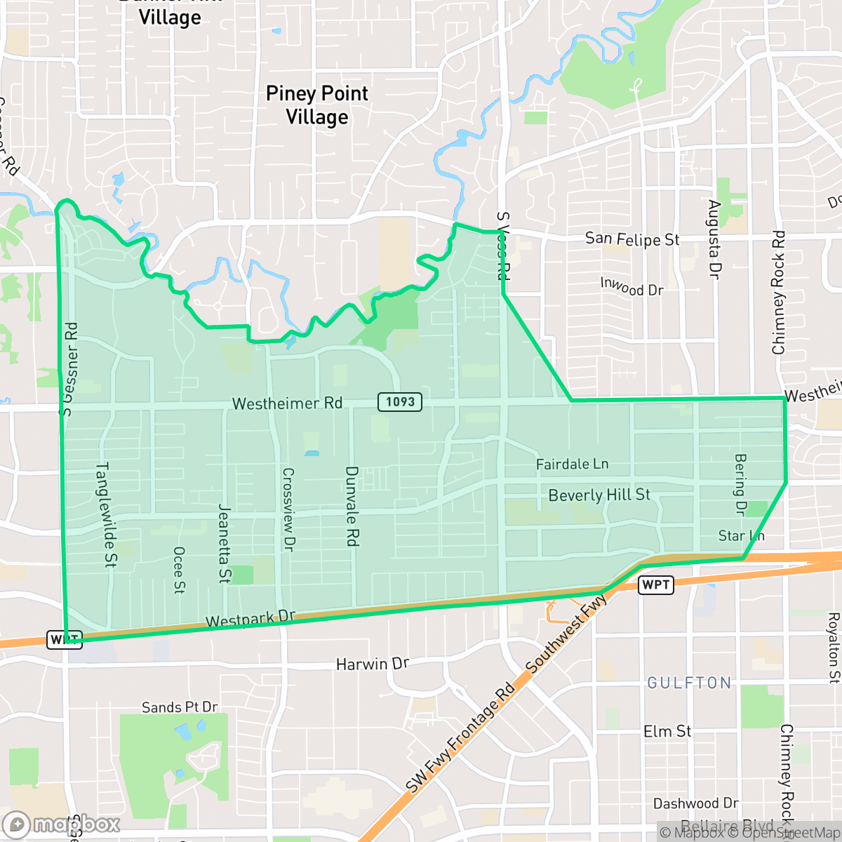 Map showing the location of Woodlake - Briarmeadow, Houston, TX