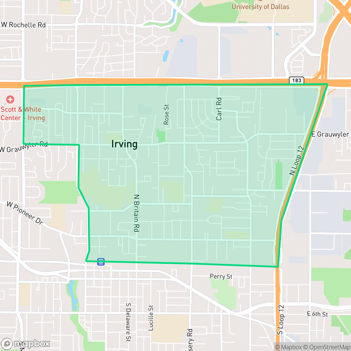 Map showing the location of Irving Heights, Irving, TX
