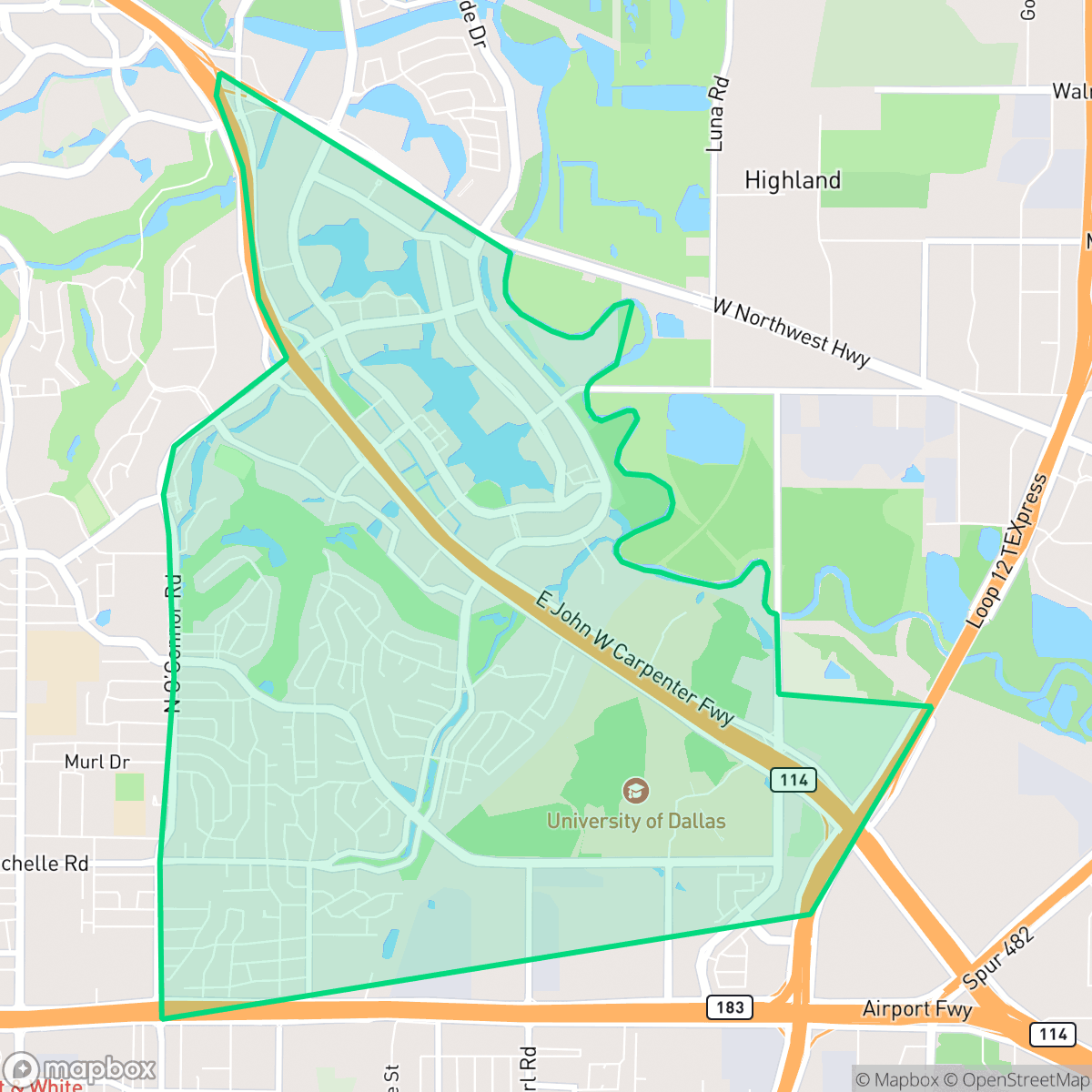 Map showing the location of Las Colinas Urban Center, Irving, TX