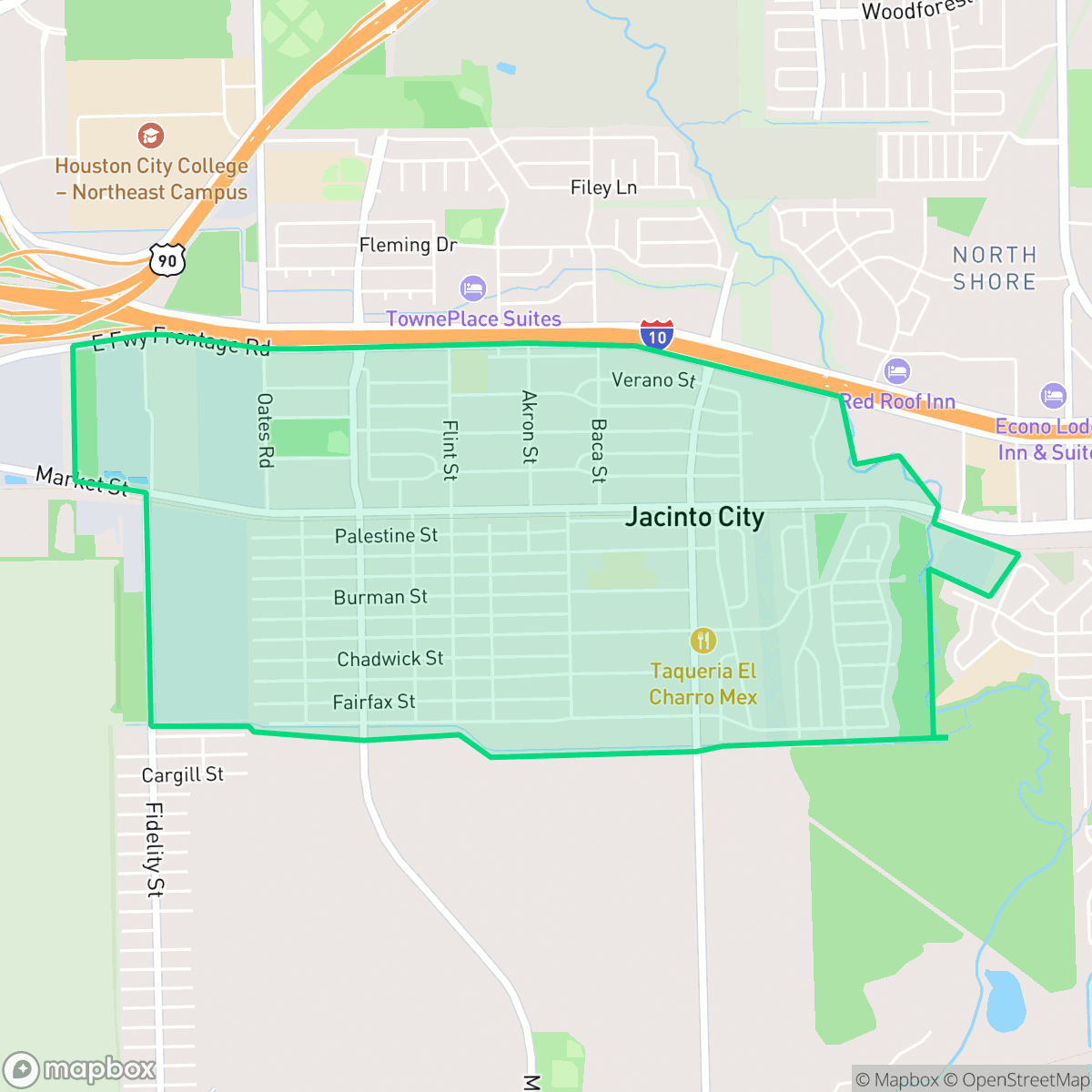 Map showing the location of Jacinto City, TX — coverage area