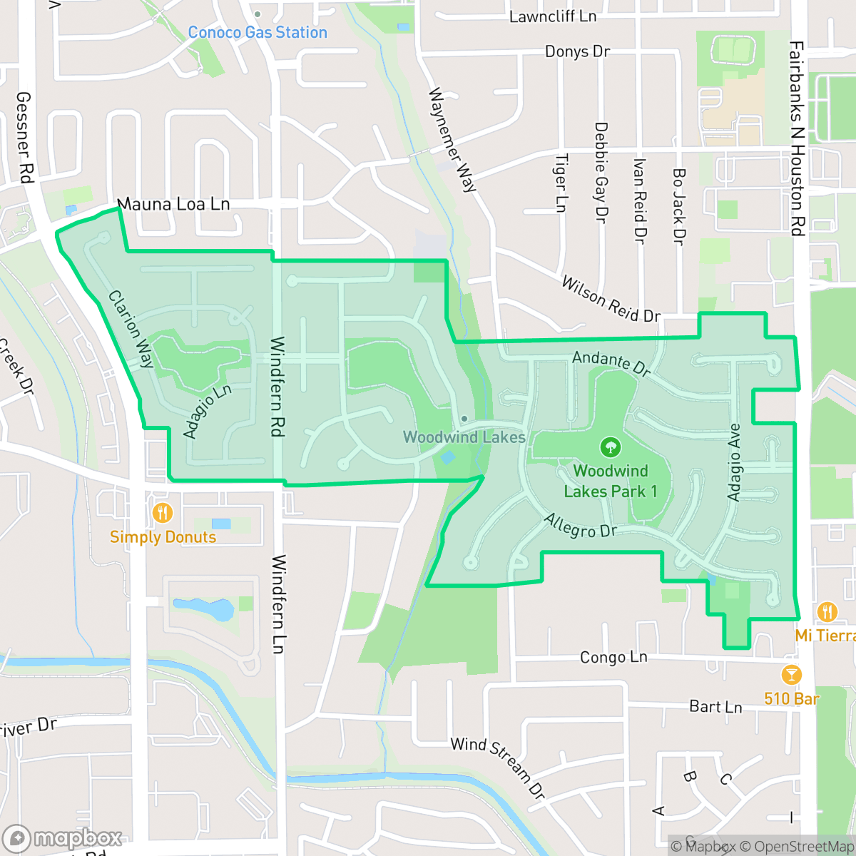 Map showing the location of Woodwind Lakes, Jersey Village, TX