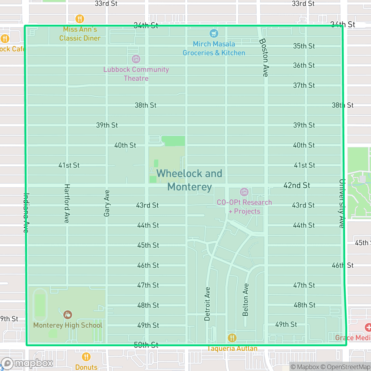 Map showing the location of Wheelock & Monterey, Lubbock, TX
